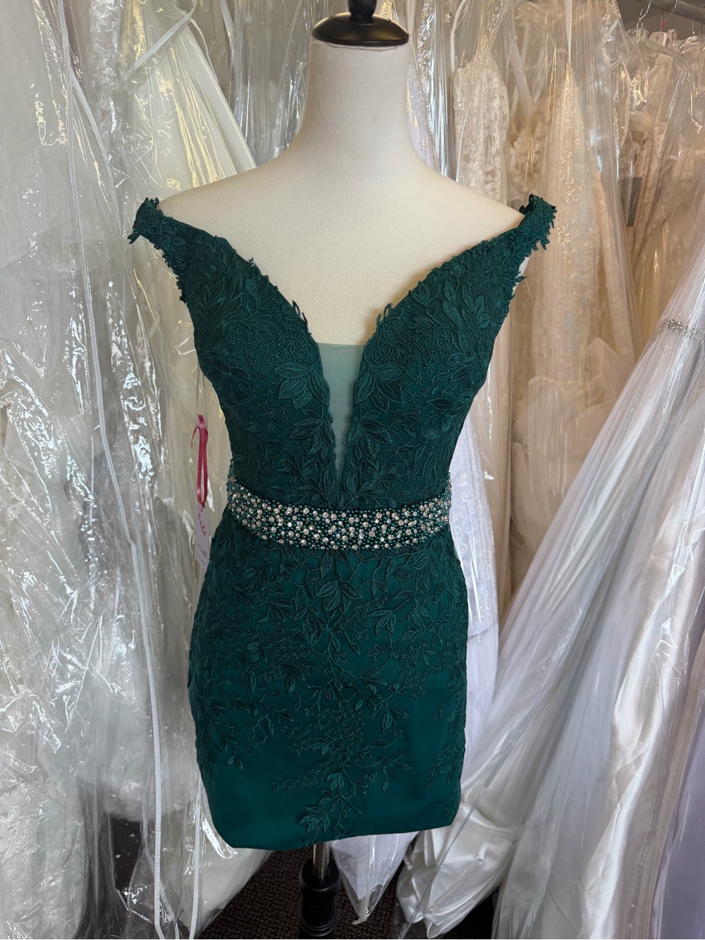 JVN Emerald Lace Off-Shoulder Dress with Beaded Waist - Picture 3 of 11